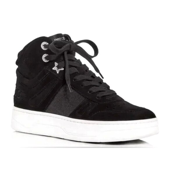 Jimmy Choo 8.5 Suede Glitter Hawaii High Top Sneakers Platform Crystal Black 39 - Picture 1 of 7